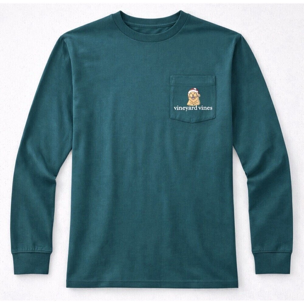 Vineyard Vines Long Sleeve T Shirt Small Green Dogs Sleigh Christmas Husky
